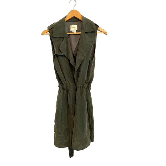 Anthropologie Elevenses Army Green Long Lin Cupro Collared Trench Vest - Picture 2 of 10